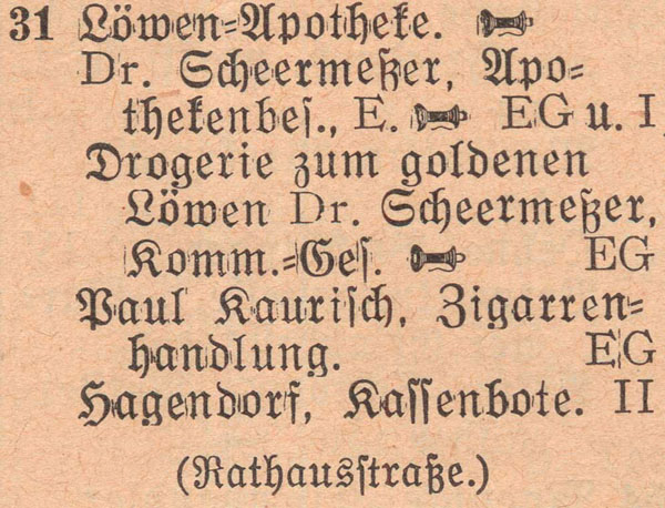 Adressbuch 1930, Zerbster Straße 31/ Apotheke »Zum Goldenen Löwen«
