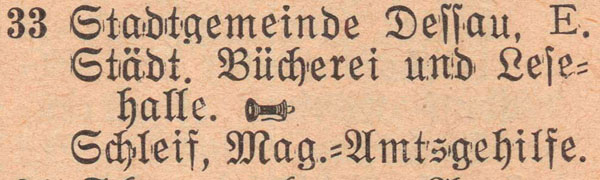 Adressbuch 1930, Zerbster Straße 33 / Städtische Bücherei und Lesehalle